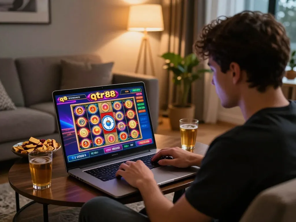 Engaging with qtr88 online casino from a cozy living room, showcasing vibrant slot game action.