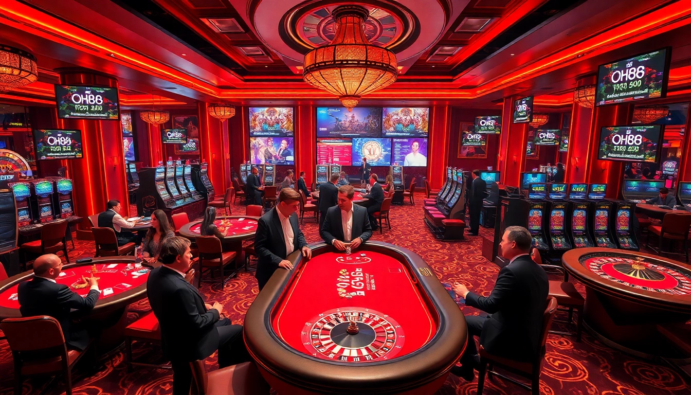 Thrilling gambling scene at QH88 showcasing poker tables and vibrant casino atmosphere.