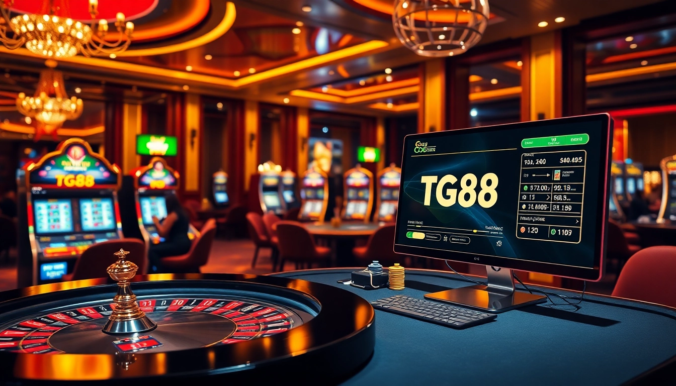 Experience the excitement of tg88 đăng nhập at a vibrant casino scene with roulette and slots.