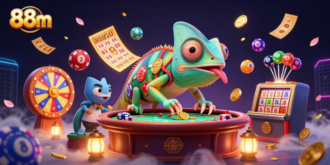88m casino owner chameleon snapping up golden coins among lottery and bingo game elements.
