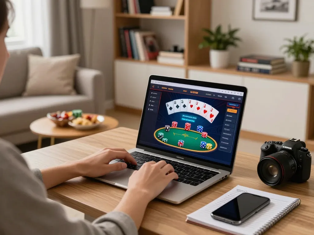 Kuwin online gaming setup with a person playing poker on a laptop, showcasing a dynamic user interface in a cozy home environment.