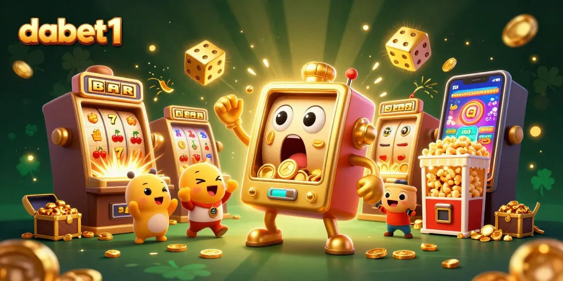 Spin dabet1’s slots with lively cartoon machines celebrating a jackpot explosion of gold coins.