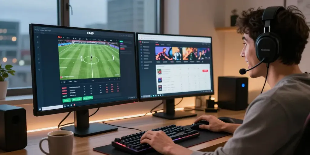 Betting experience on XX88 with a player engaging in live sports betting in a modern home office.