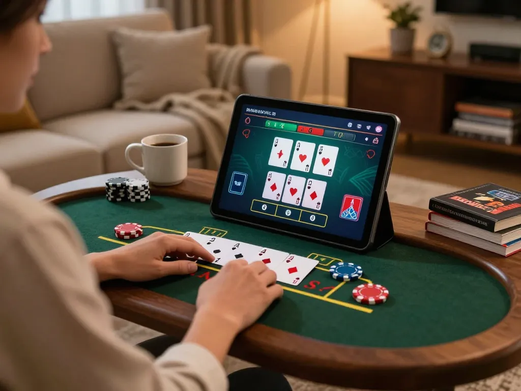 Engaging scene of a player enjoying kerajaanslot blackjack on tablet in cozy home environment