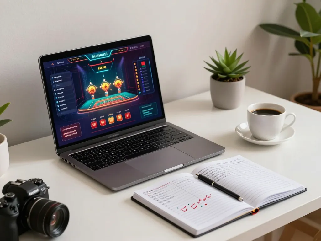 Pengguna SKY88 terlibat dalam permainan kasino online sambil merencanakan dengan catatan.