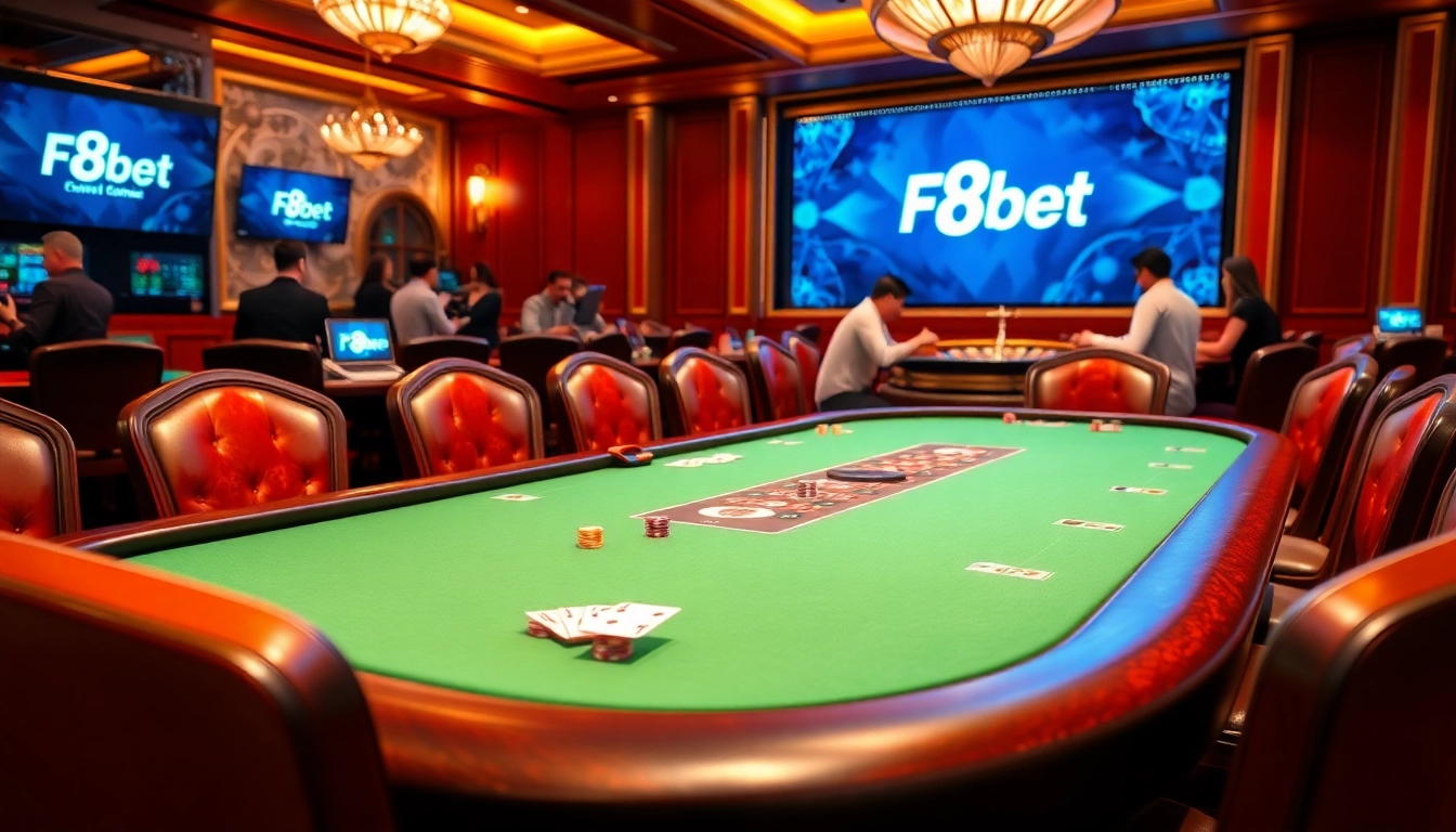 Engaging scene of players enjoying F8bet at a hybrid casino table with vibrant chips and cards.