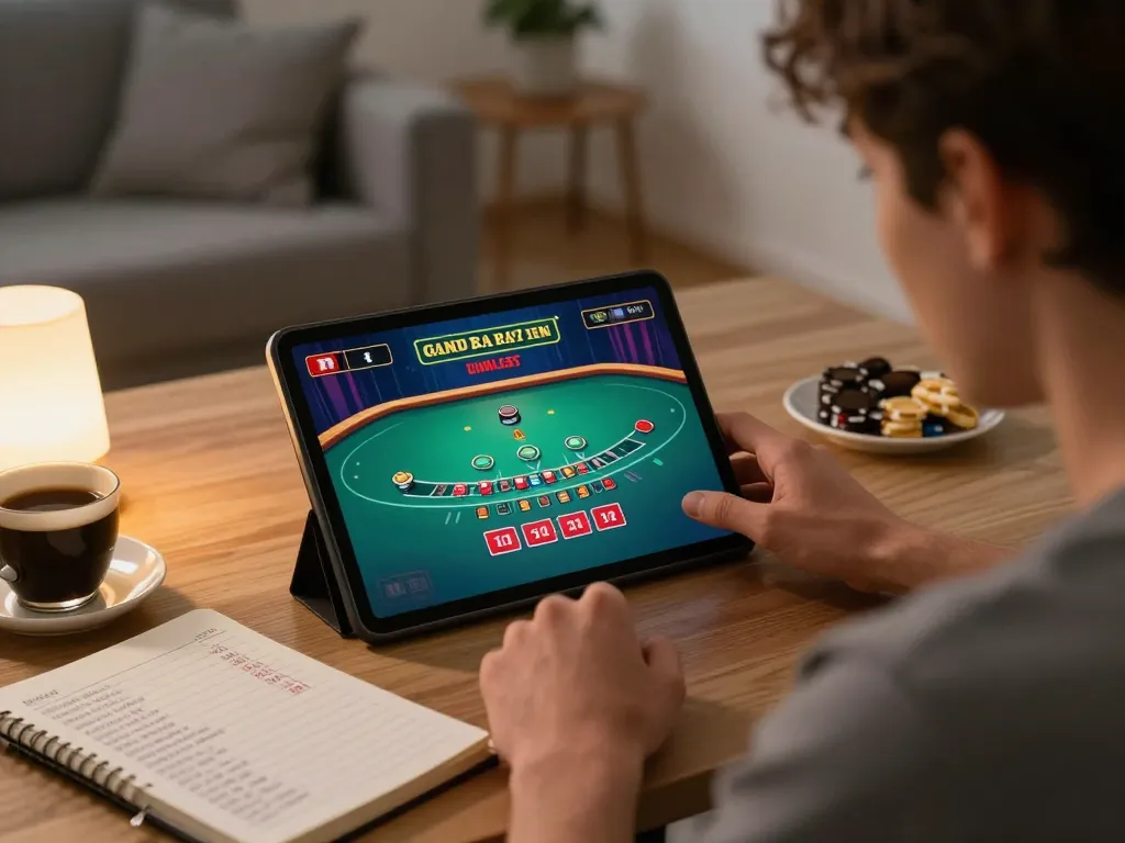 Player engaged in online gaming with tg88 platform on tablet, showcasing live dealer table and strategic notes.