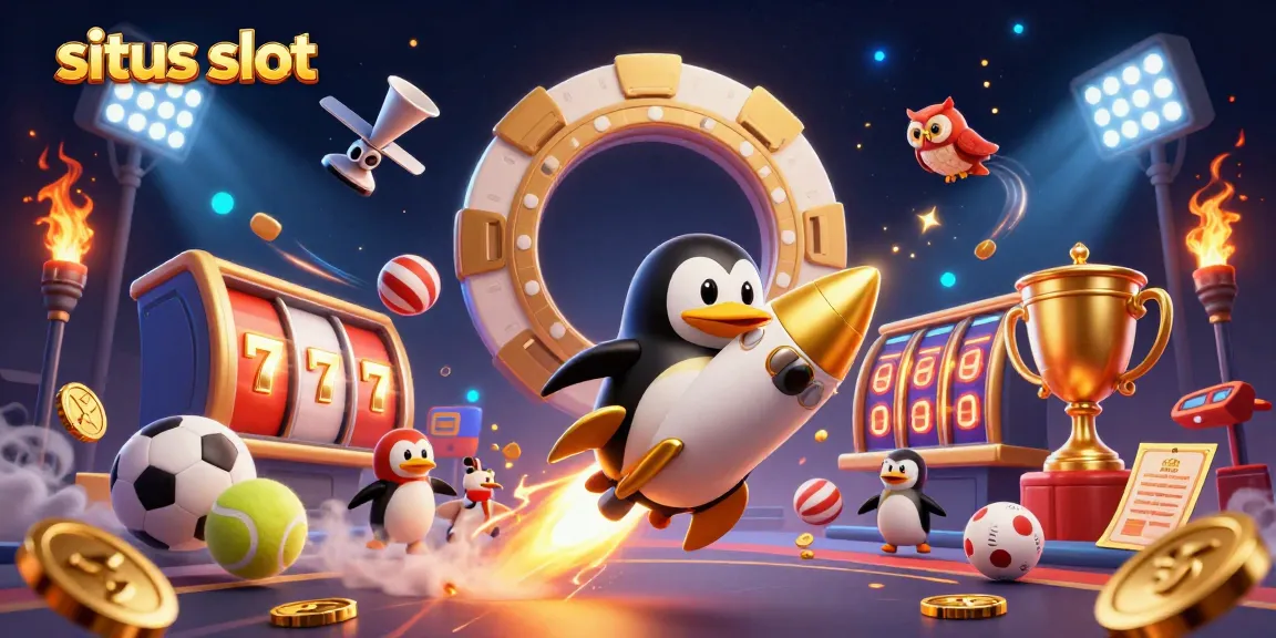 Experience excitement at situs slot with a golden penguin amidst dynamic casino elements.