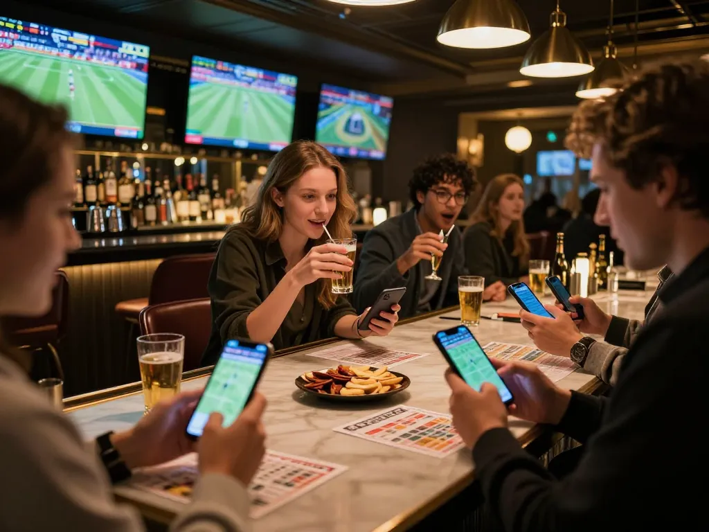 Fun 88 gamers excitedly strategizing bets while enjoying sports events at a lively bar