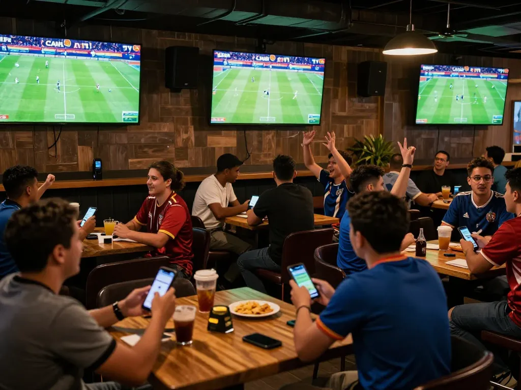 Cakhia users engaged in live sports betting, cheering for their favorite teams in a lively sports bar.