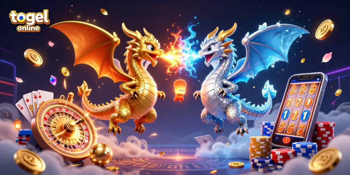 Bet on togel online with twin dragons battling fire and ice in a vibrant 3D casino scene.