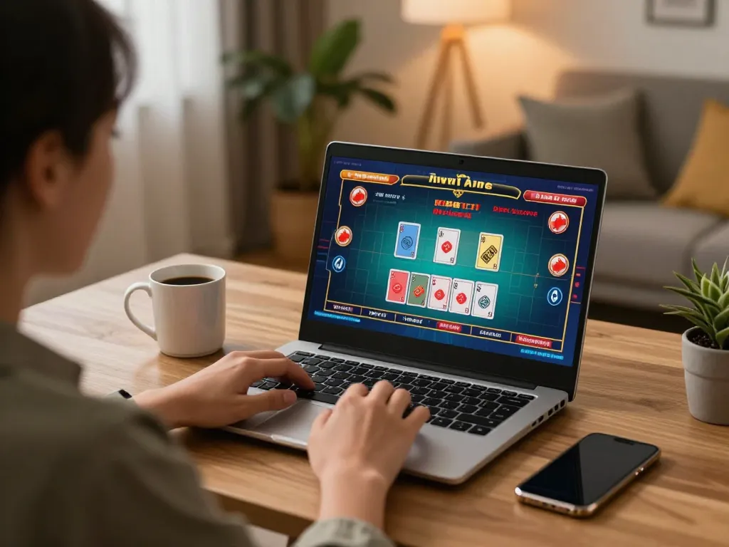 Engaging in online casino gaming at Jun88 with laptop gameplay and cozy atmosphere.
