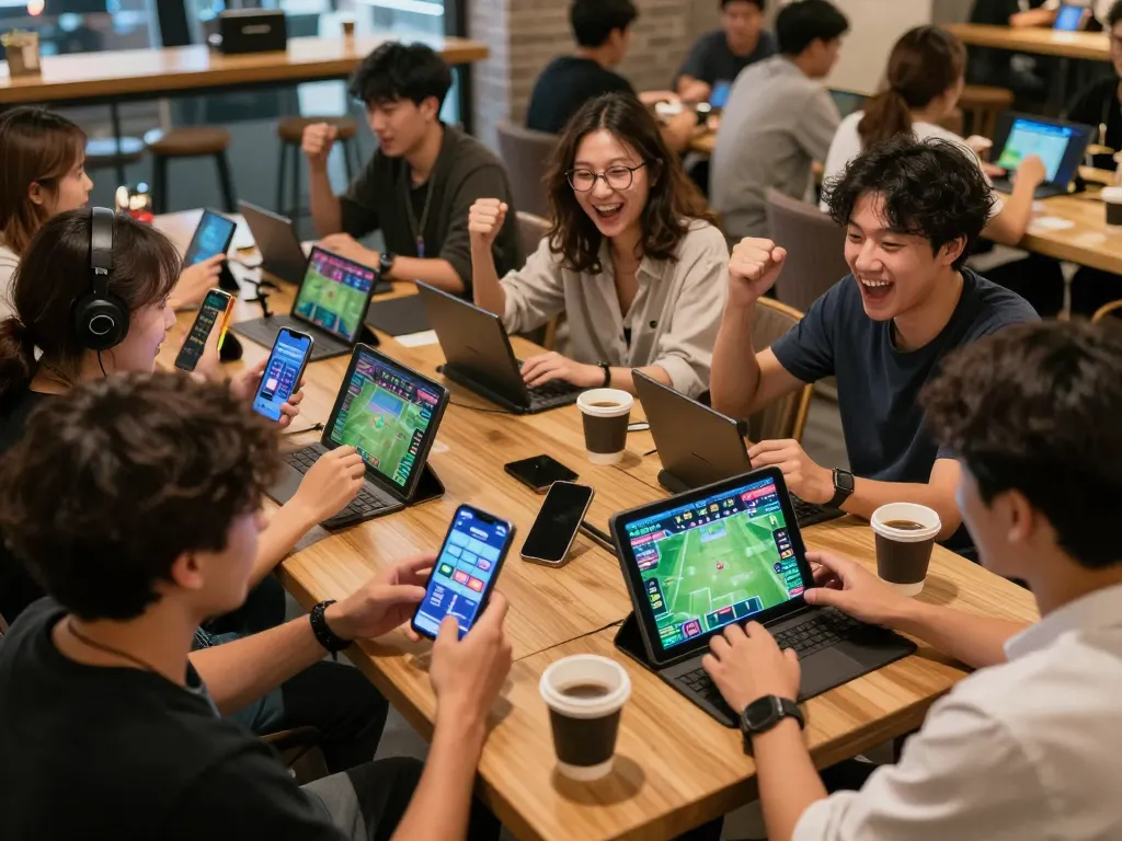 Gamers enjoying mobile sports betting with megaplus88 apps in a lively café atmosphere.