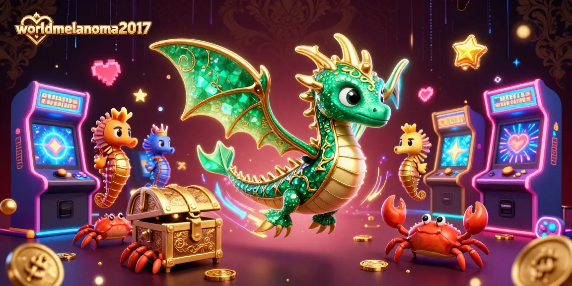 Engage with worldmelanoma2017's colorful casino-themed illustration featuring a vibrant sea dragon, arcade elements, and gold treasures.