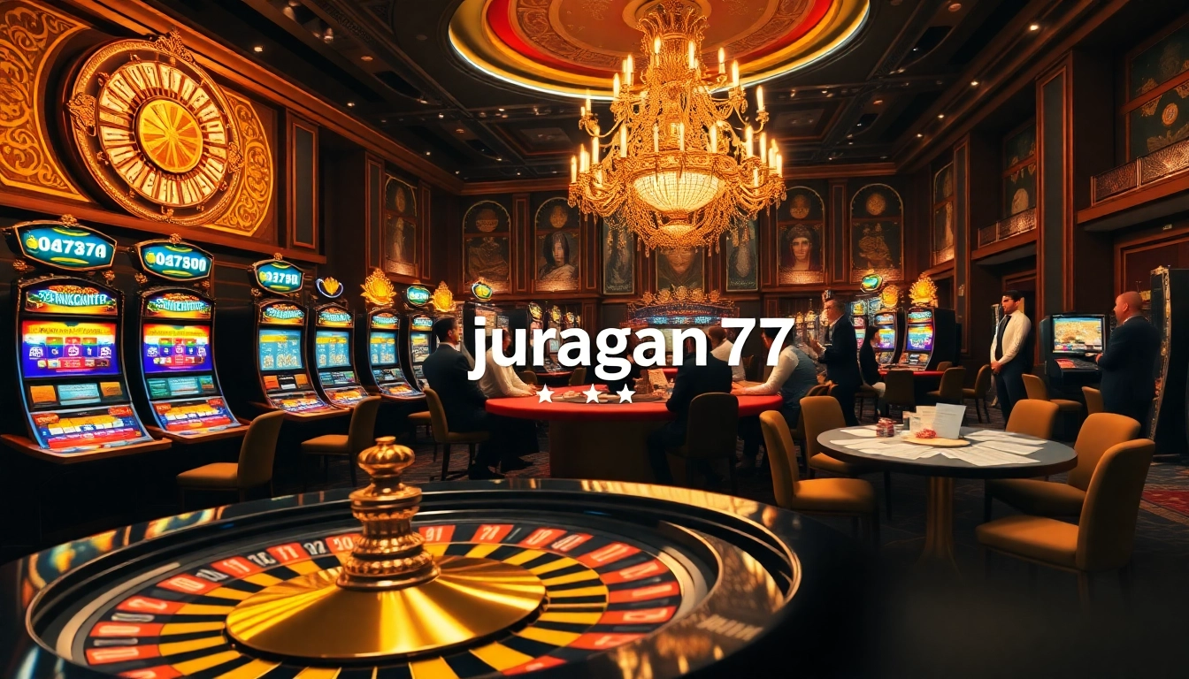 Experience the thrill of juragan77 with vibrant casino visuals featuring poker and roulette.