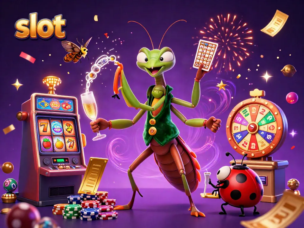 Menggulung slot dengan suasana kasino yang meriah menggunakan karakter berbentuk mantis.