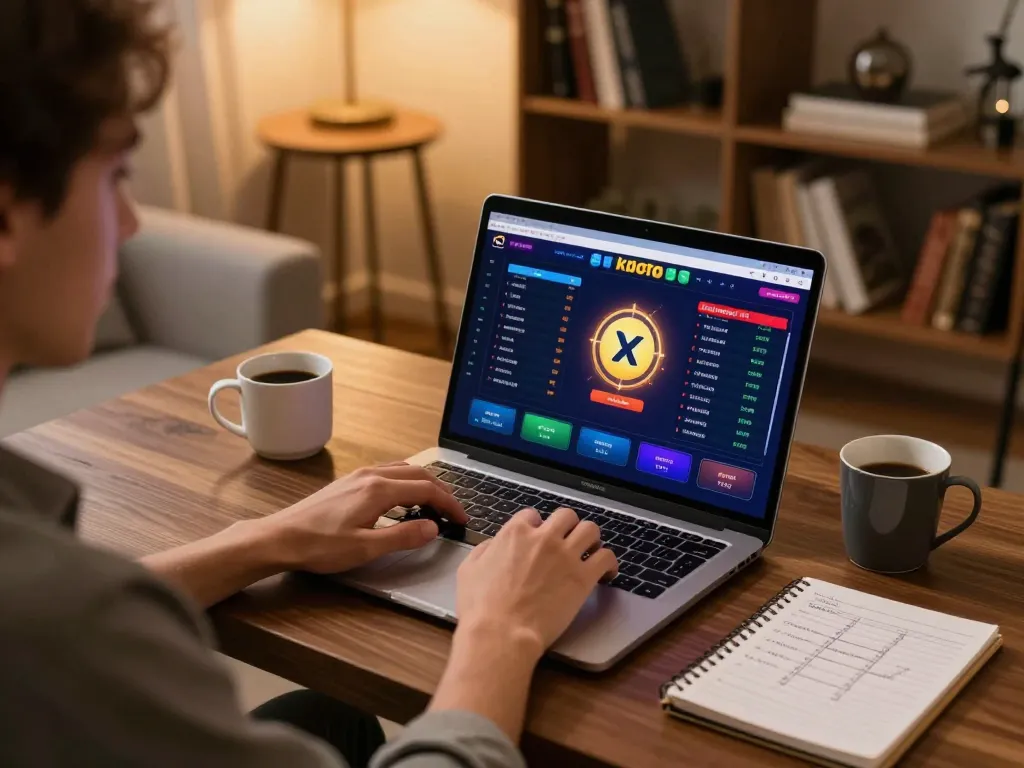 Kdtoto player engaging in online betting with vibrant interface on laptop in a cozy home setup.