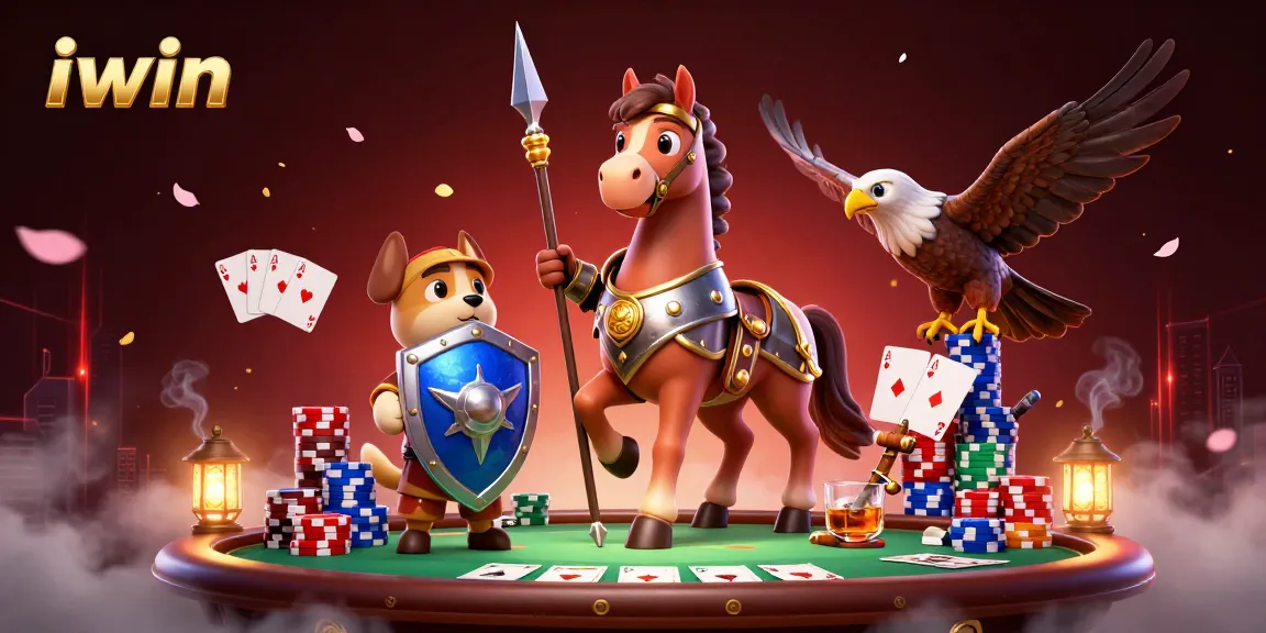 iwin showcases a medieval knight with a jousting lance, surrounded by poker chips and cards in a lively casino scene