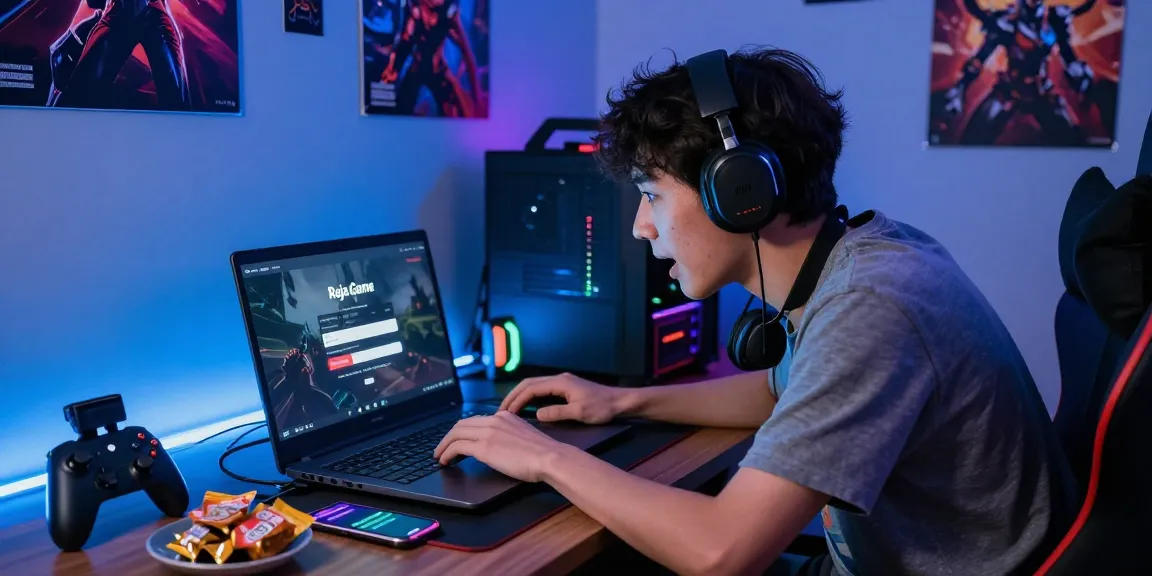 User engaging with the Raja Game login interface on a laptop in a vibrant gaming nook.