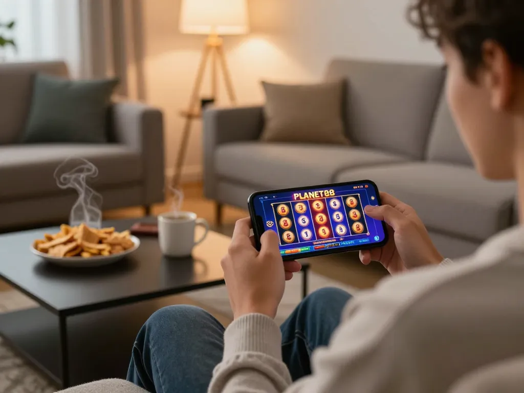 Engaged player using the PLANET88 casino app on smartphone, vibrant slot game visible in modern home setting.