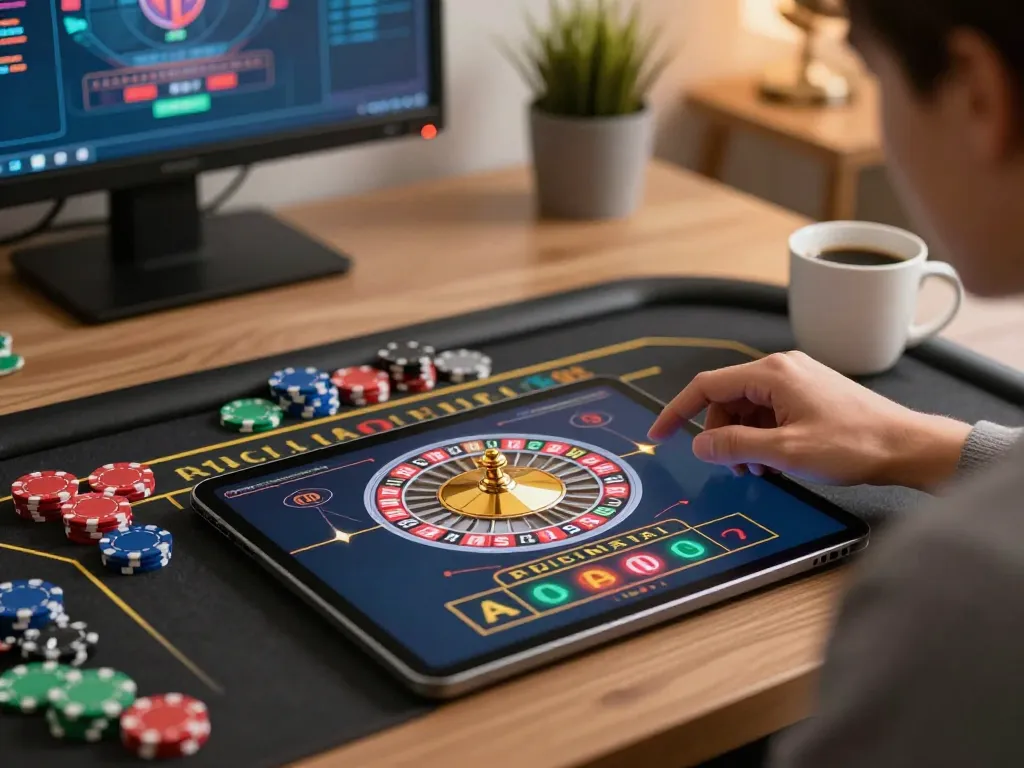 Player enjoying a roulette game on their tablet at home, combining comfort and excitement with go8 gaming.