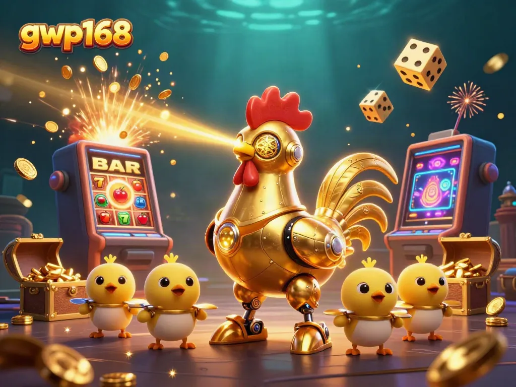 Pemain gwp168 merayakan kemenangan jackpot di mesin slot dengan efek cahaya dan koin berhamburan.