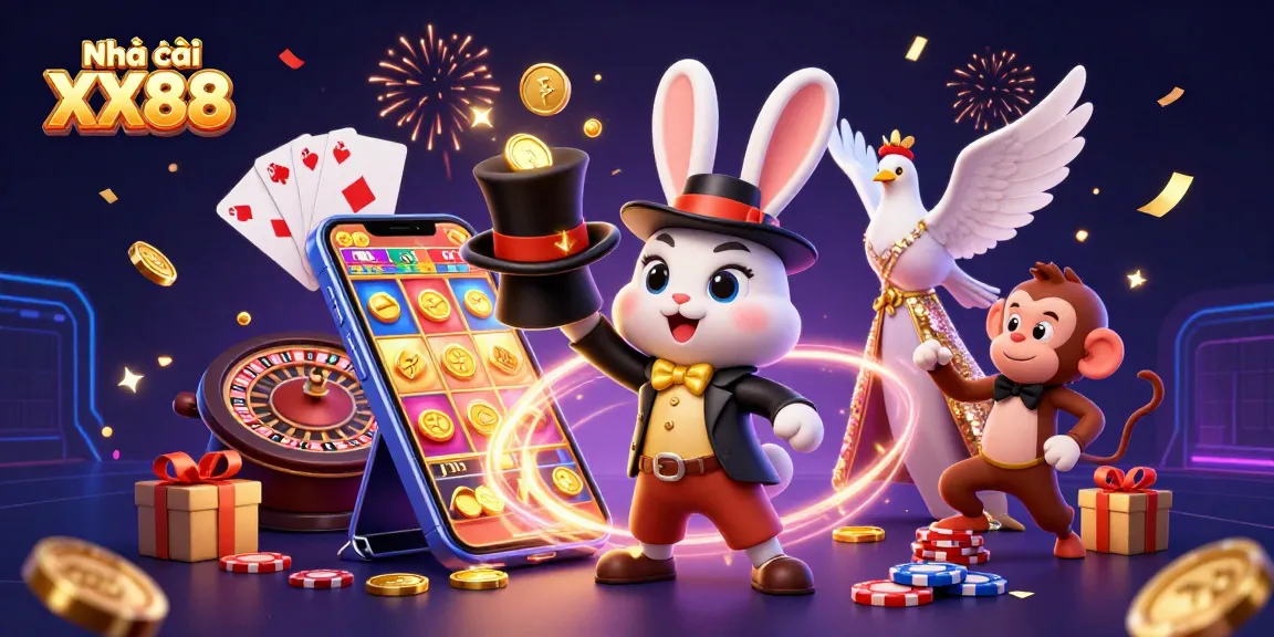 Engage with Nhà cái XX88's thrilling gaming world, featuring a magician rabbit, sparkling coins, and vibrant casino elements.