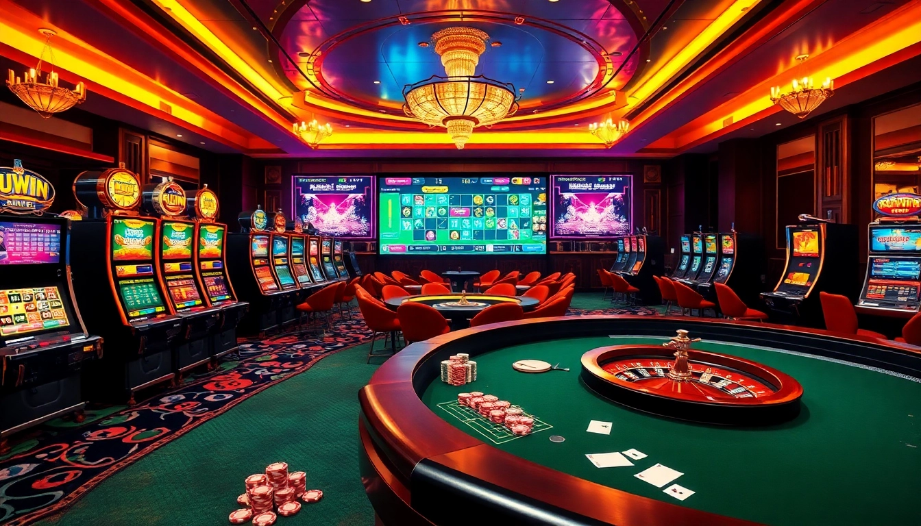 Kuwin casino scene showcasing vibrant slot machines and an elegant roulette wheel.
