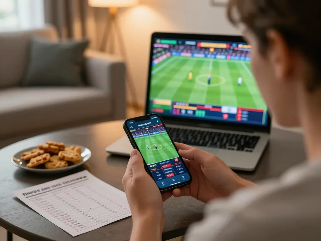 Engaging in mobile sports betting using official botanicabali in a cozy living room setting.
