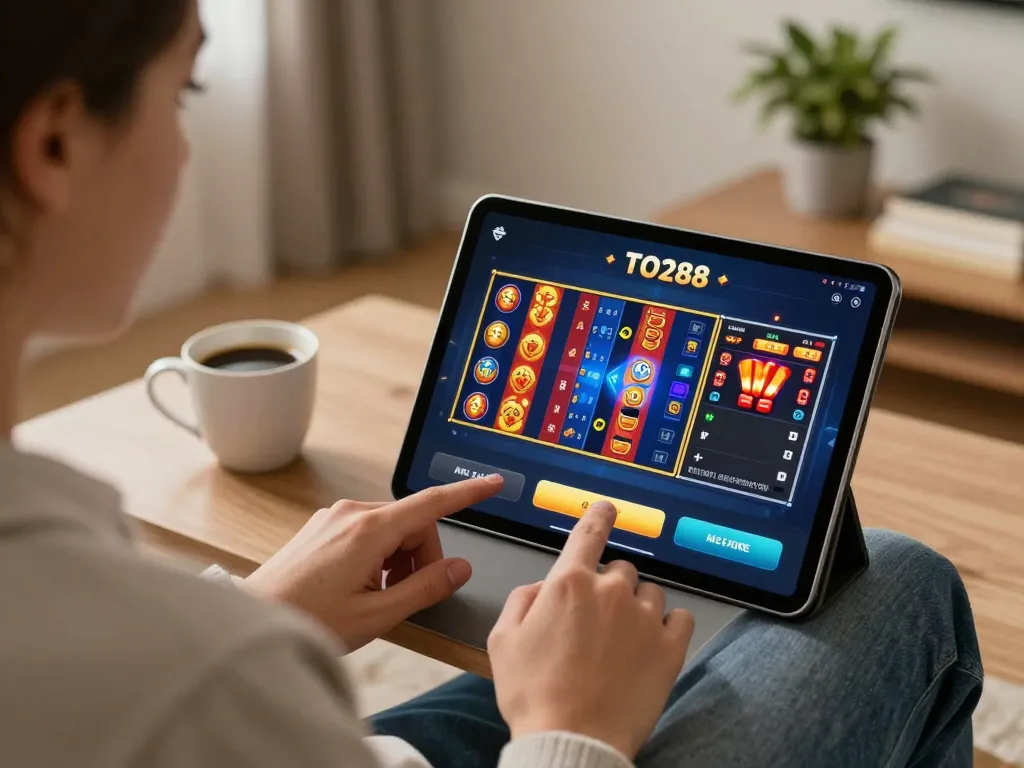 Playing slots on TO288 app in a cozy home setting, showcasing vibrant gaming experience.