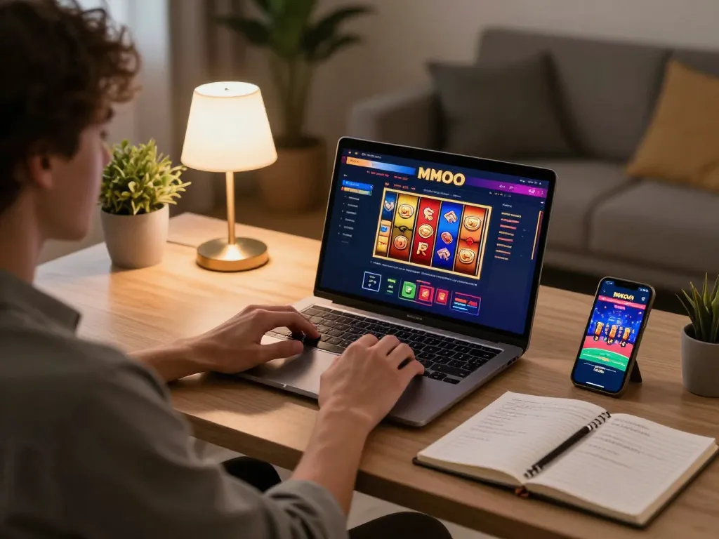 Person playing at MMOO online casino with laptop, showcasing interactive gameplay.