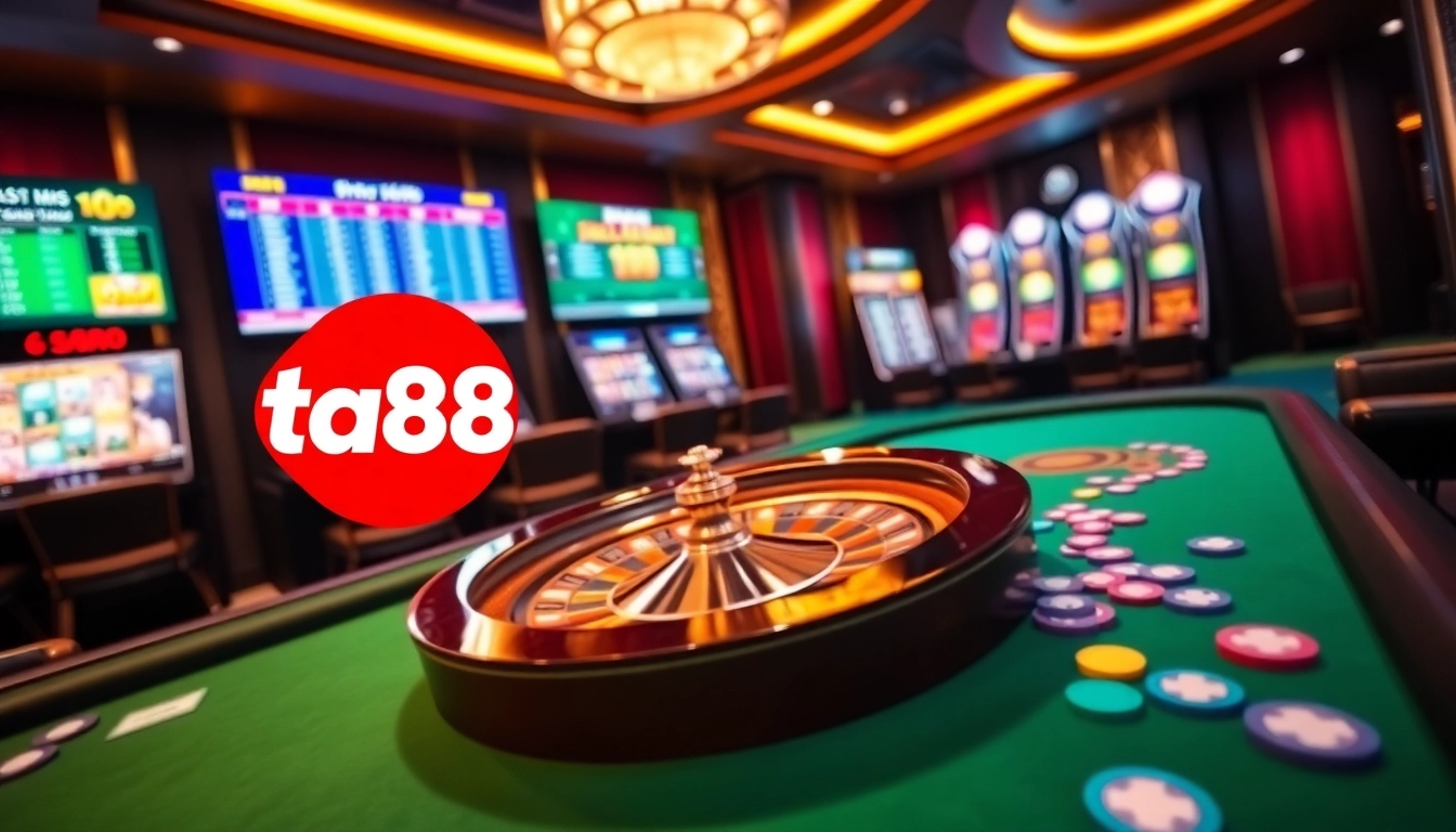 Engaging casino scene showcasing ta88 link with roulette wheel, chips, and online betting interfaces.