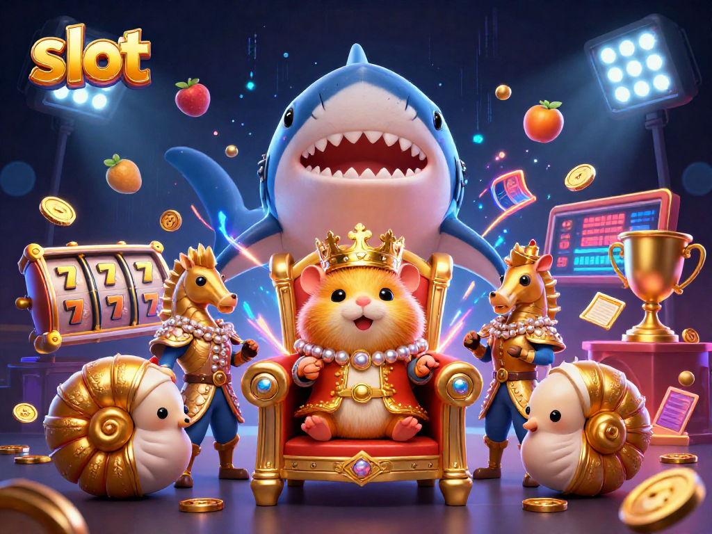 Engage in thrilling slot play with animated reels and a striking casino scene.