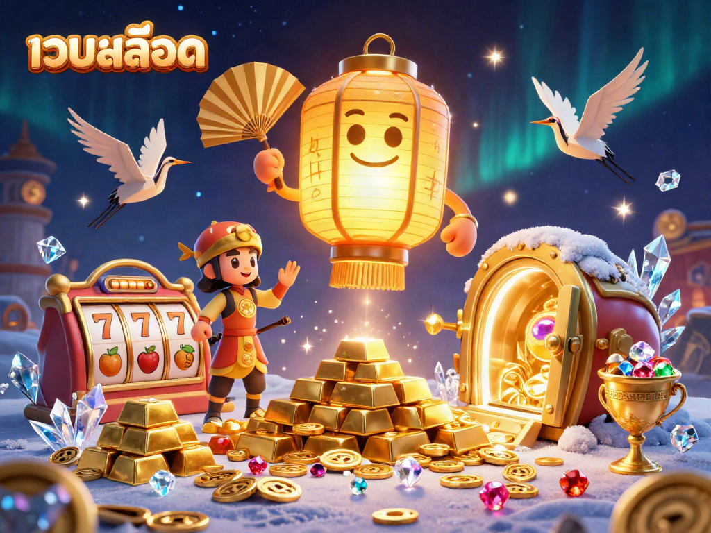 Spin lucky เว็บสล็อต reels with vibrant characters and treasure in a lively casino scene.