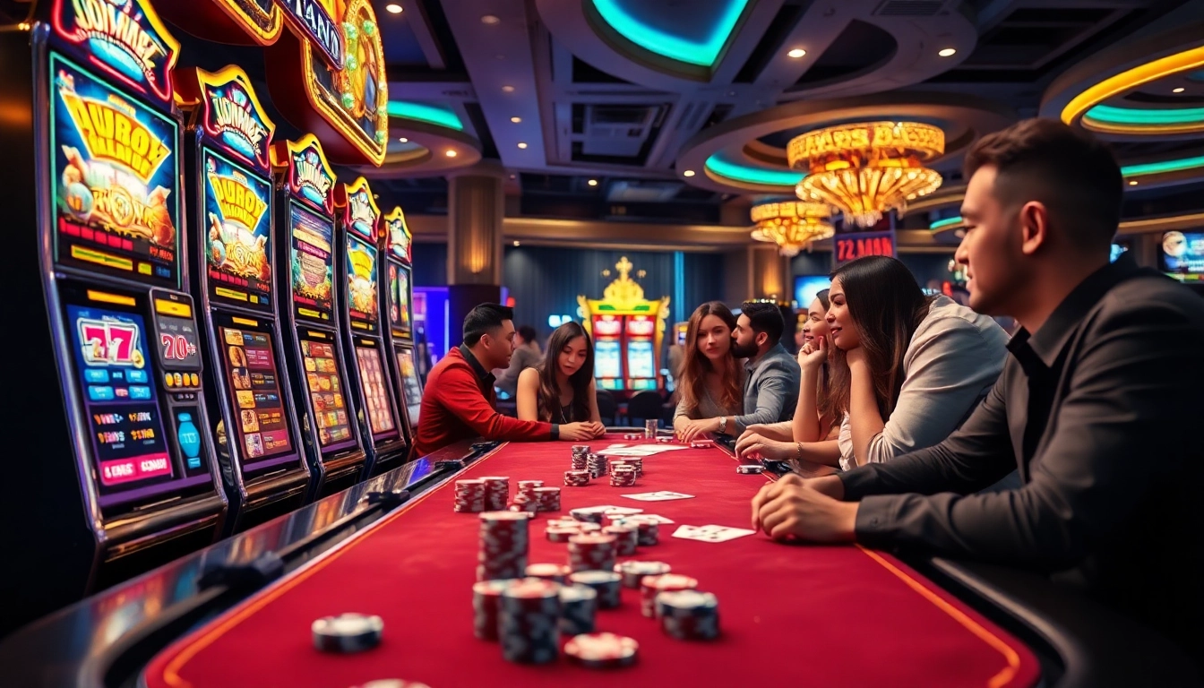 Engaging Slot Online gameplay experience with vibrant machines and excited players at a luxurious casino.