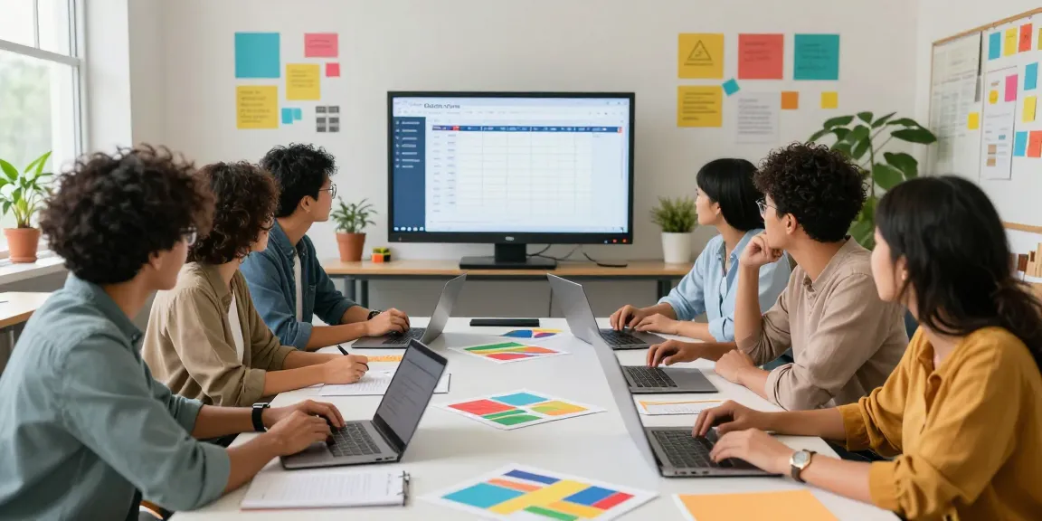 Teachers using EMStudio online teacher planner for classroom management, planning lessons together in a vibrant classroom.