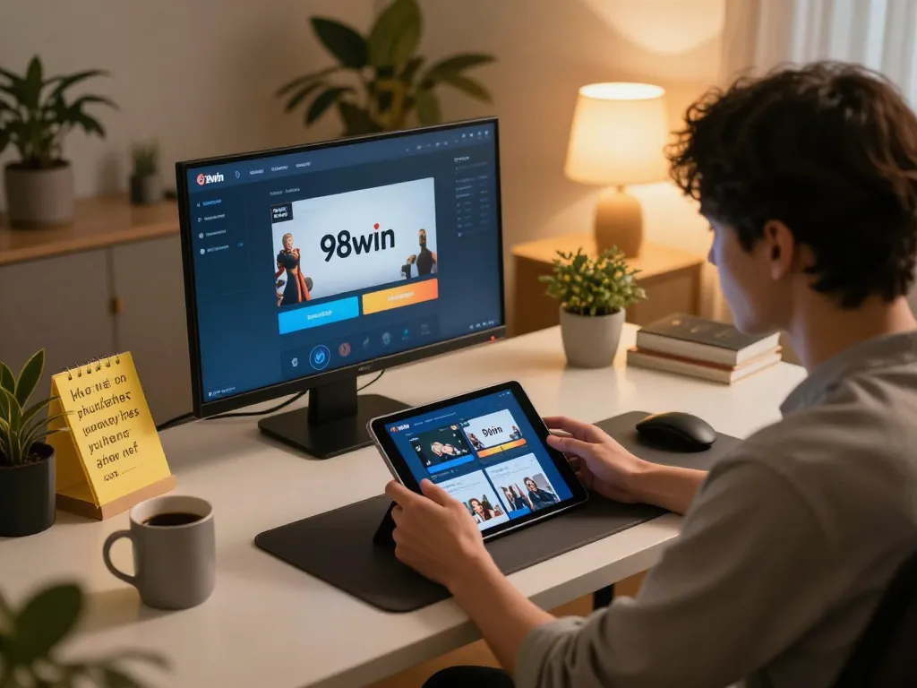 Player analyzing betting options in the 98win online casino app on a tablet at home, showcasing responsible gaming.