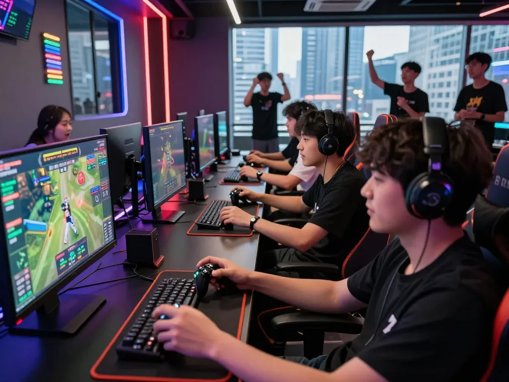 Engaging dynamic scene from the Singapore esports betting guide showcasing players excitedly participating in competitive gaming bets.