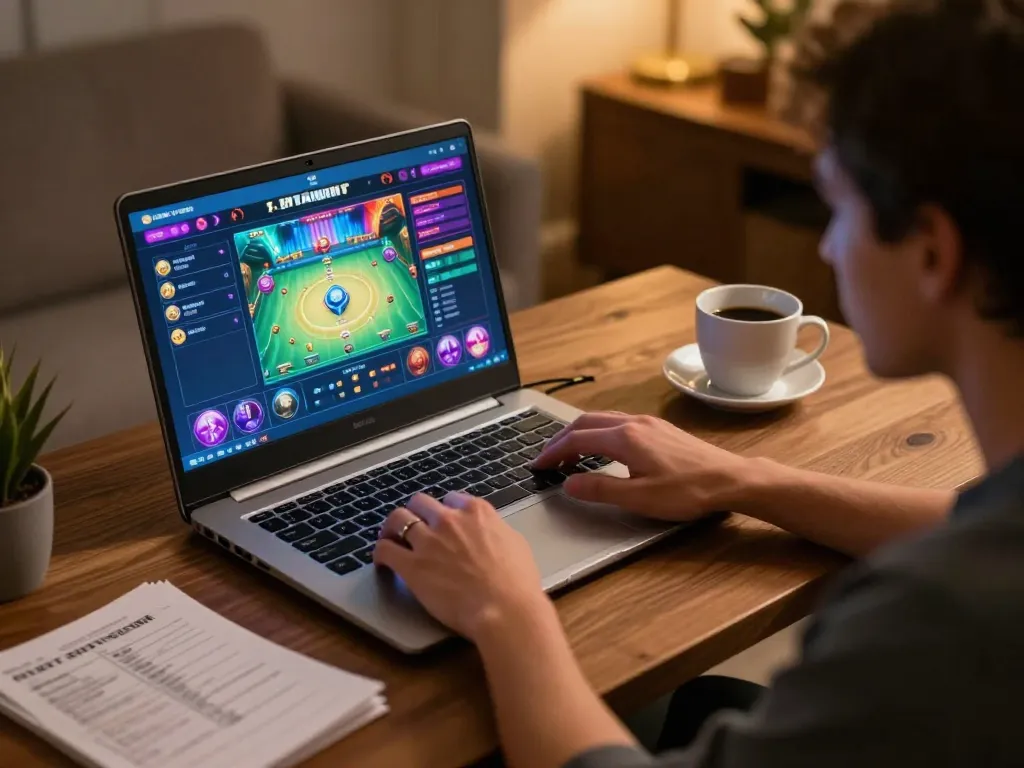 Player engages with 789f online casino platform on laptop in cozy home setting