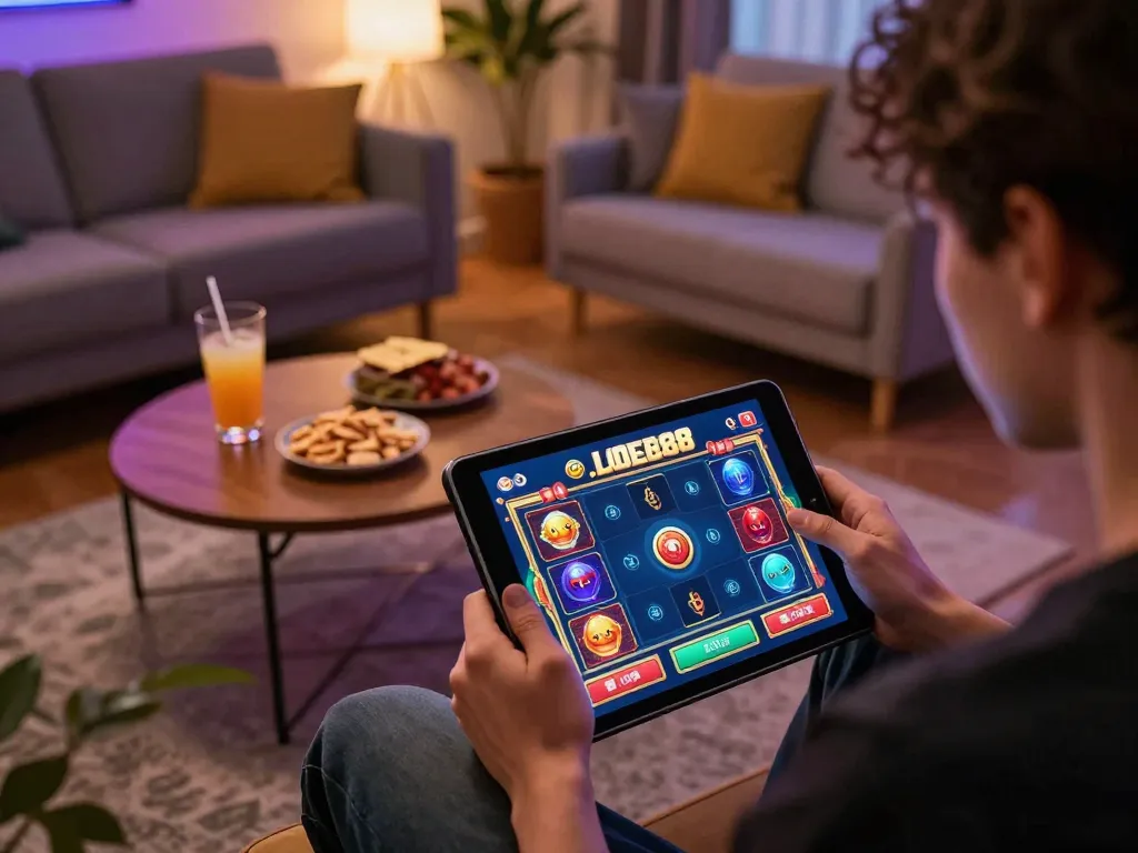 Player engaged in Lode88 online gaming, showcasing interactive game interface and cozy environment.