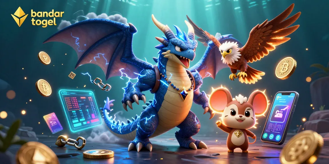 Engage in bandar togel with vibrant 3D dragon and hawk surrounded by glowing crypto elements.