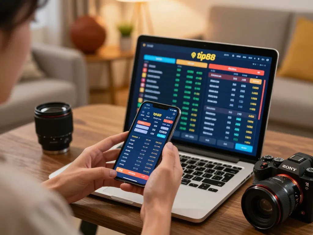 Engaged user placing bets on tip88 from the comfort of their living room during a sports game.