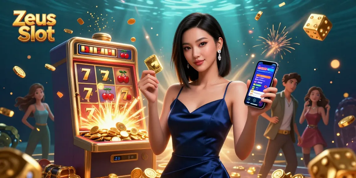 Play Zeus Slot and enjoy thrilling jackpots amidst vibrant casino elements and gold coins.