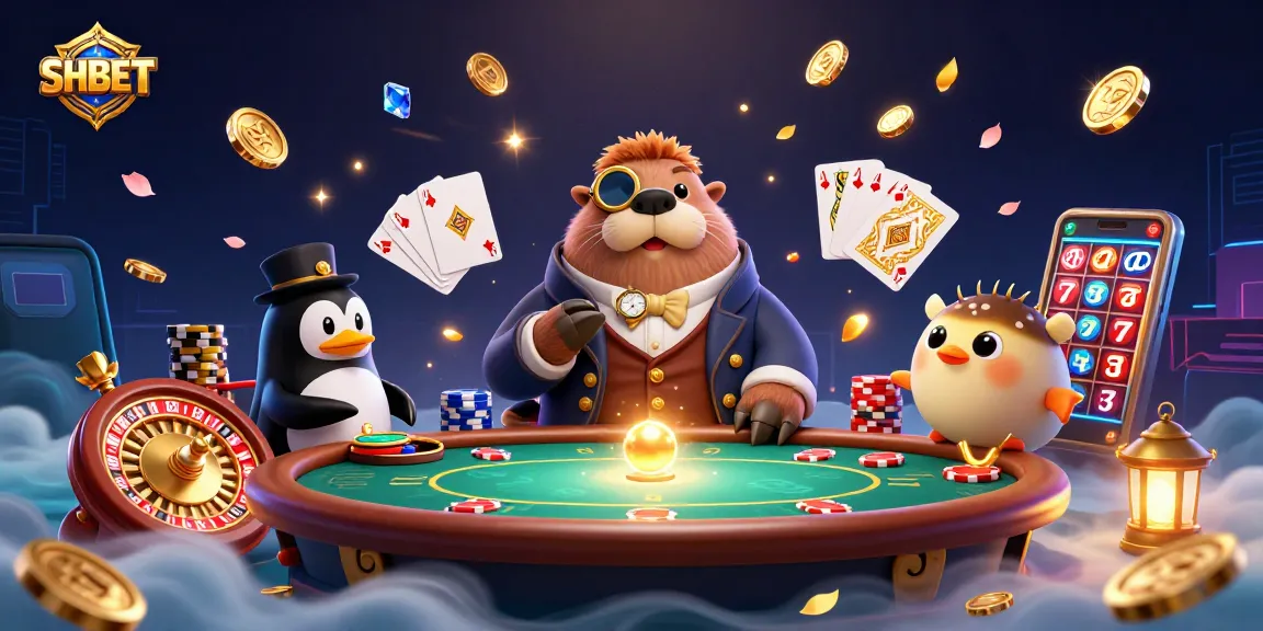 Engage in thrilling casino action with SHBET's jolly walrus, sophisticated penguin dealer, and bluffing pufferfish player.