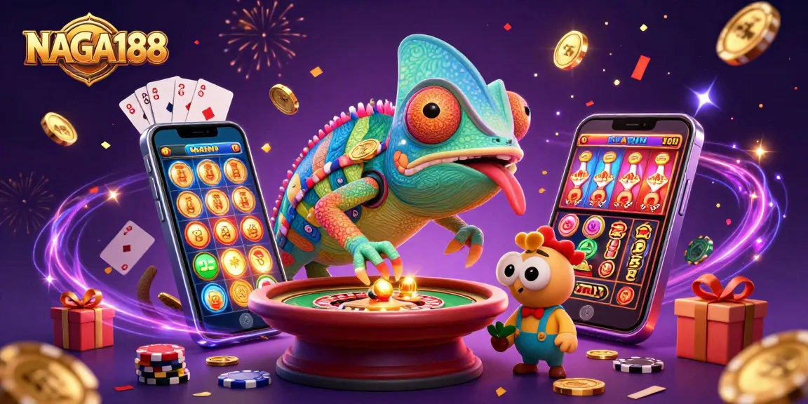 NAGA188 mengumpulkan koin emas sambil mengawasi meja roulette dan ruang poker dalam ilustrasi kasino ceria.