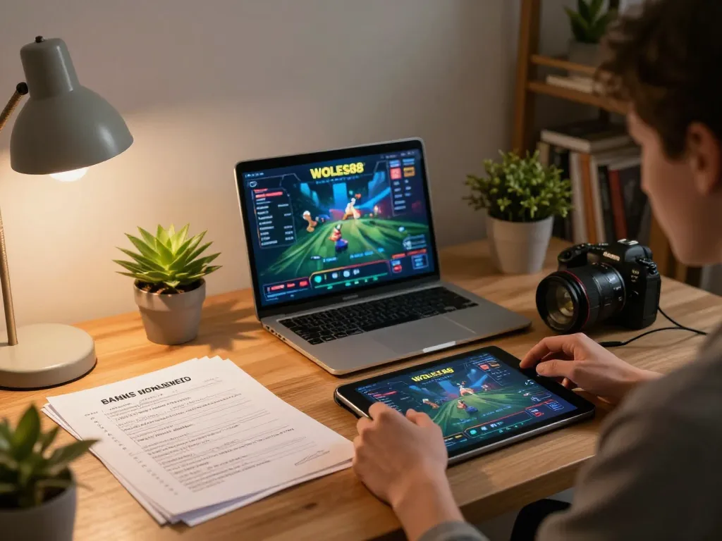 Terlibat dalam permainan online WOLES88, menampilkan seorang pemain yang merencanakan strategi di lingkungan rumah yang hangat.
