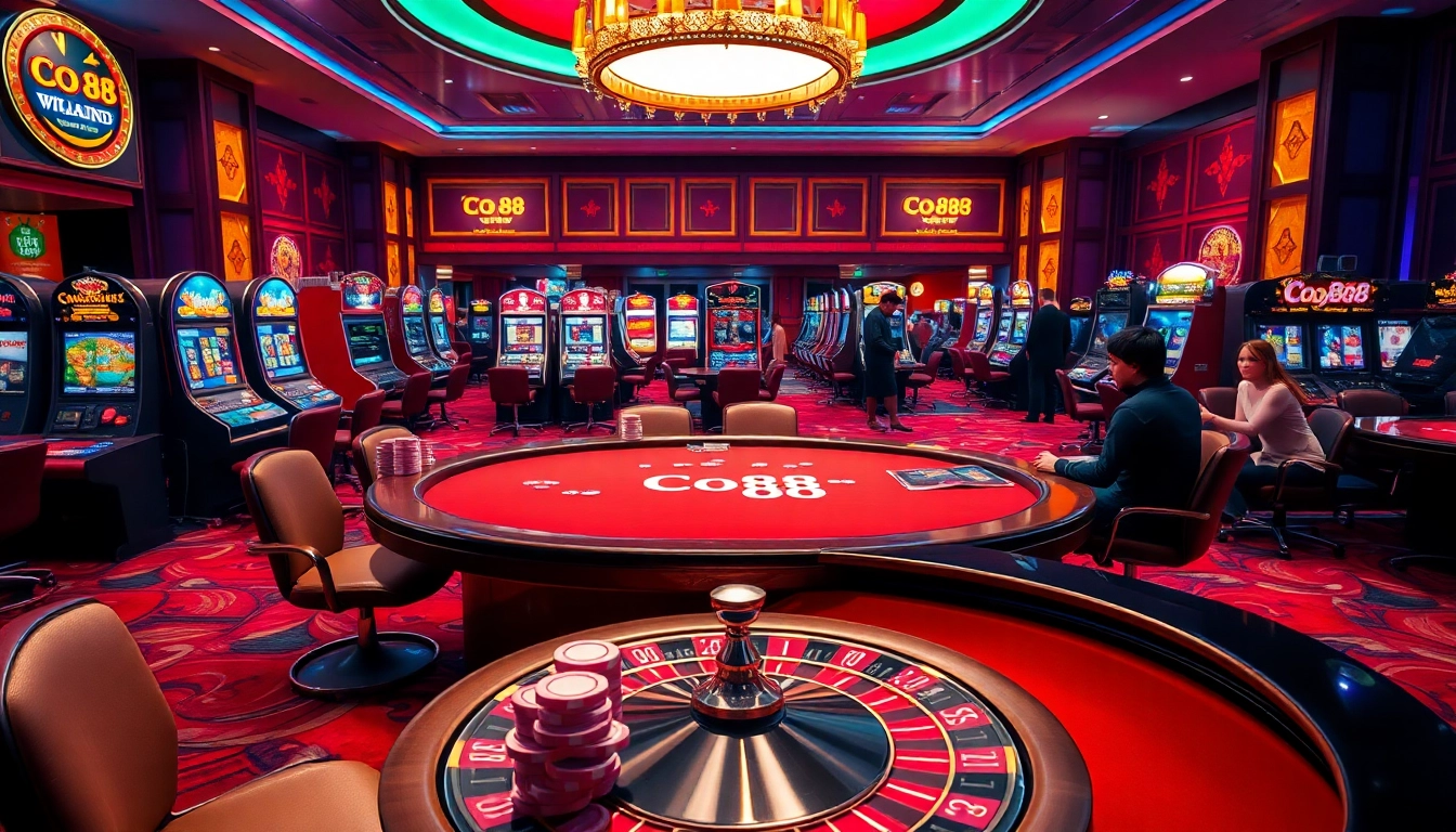 Co88 players enjoying a thrilling poker game amidst vibrant slot machines in a luxurious casino.
