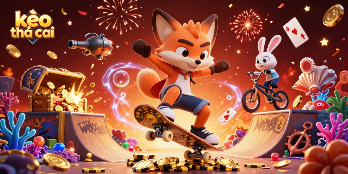 Experience thrilling action with kèo nhà cái as a fox performs tricks over golden poker chips amidst exciting casino visuals.