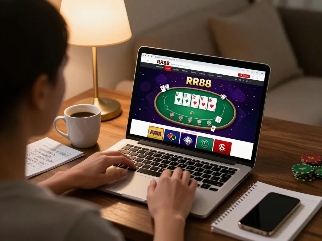 Home gaming scene featuring RR88 online poker interface for strategic betting