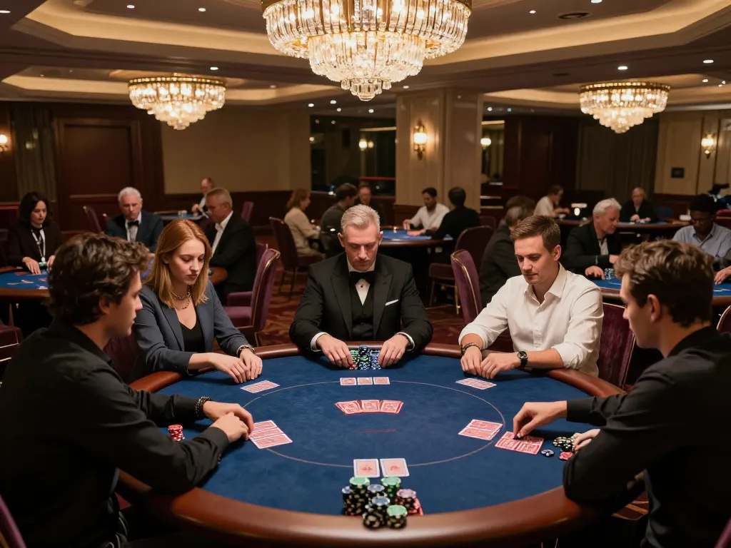 Players strategizing at a poker table in a luxurious casino, engagingly immersed in their game with 9bet.